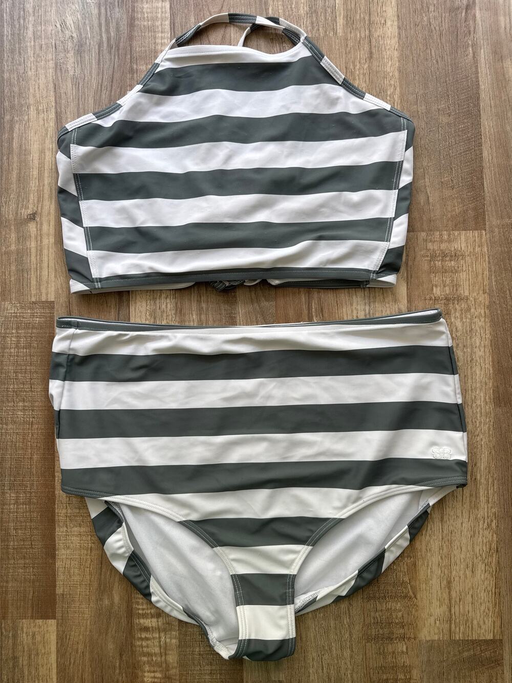 Albion Fit High Waist Halter Top Sage Stripe Swimsuit size XXL